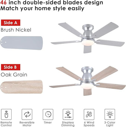 Mpayel 46 Inch Ceiling Fans with Lights and Remote, Silver Ceiling Fan with Light Flush Mount, Low Noise, Reversible, Dimmable, Modern Low Profile Ceiling Fan with Light for Bedroom Indoor Outdoor
