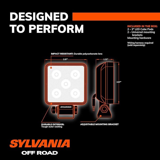 SYLVANIA - Slim 3 Inch Cube LED Light Pod - Lifetime Limited Warranty - Flood Light 950 Raw Lumens, Off Road Driving Work Light, Truck, Car, Boat, ATV, UTV, SUV, 4x4 (2 PC)