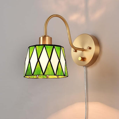 Vintage Bedside Wall Sconce with Dimmable Switch, Brass Industrial Gooseneck Wall Sconce with Plug in Cord, Stained Glass Shade Wall Light Perfect for Bedroom, Living Room and Hotel