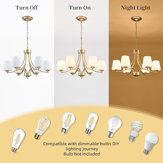 6-Light Modern Gold Chandeliers for Dining Room 47.2'' Adjustable Height Farmhouse Pendant Light with Frosted Glass Shades,Gold Round Chandeliers Hanging Lamp for Kitchen Island Dining Table Entryway