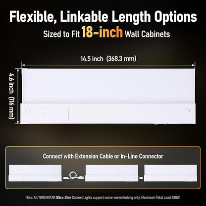 TORCHSTAR Ultra-Slim LED Under Cabinet Lighting Fits 18 Inch Cabinets, 5CCT 12W 900LM, Hardwired & Plug-in, 120V CRI90 Linkable Dimmable Thin Under Counter Lights for Kitchen, ETL T24