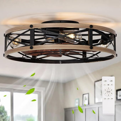 SHLUCE 22" Low Profile Caged Ceiling Fan with Light, Farmhouse Flush Mount Bladeless Ceiling Fans with Lights and Remote, Rustic Fandelier Ceiling Fan with Light for Kitchen, Bedroom - ETL