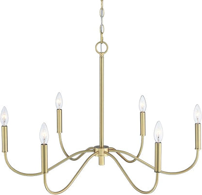 6-Light Gold Chandelier, Modern Gold Pendant Light, Adjustable Height Farmhouse Chandelier, Ceiling Light Fixture for Dining Room Bedroom Foyer Living Room Kitchen Island