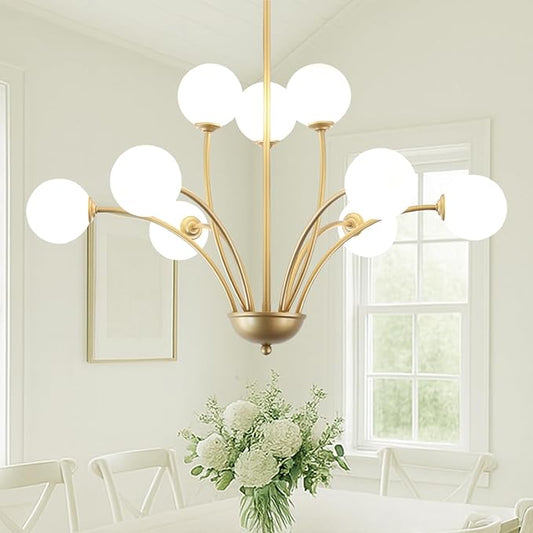 29.7” Modern Gold Chandelier 9-Lights Modern Vintage Golden Chandelier Light Fixture Rustic Farmhouse Glass Chandeliers for Dining Room, Kitchen Island, Bedroom, Living Room, Foyer, G9