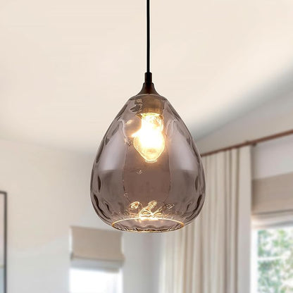 Smoked Hammered Glass Pendant Light with Matte Black Accent, Adjustable Hanging Lamp for Kitchen, Dining Room, and Living Room