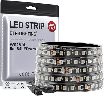 BTF-LIGHTING WS2814 IC RGBW RGB+Cool White(Similar WS2812B),Addressable DC24V 16.4FT 84LED/m 14pixel/m,UL Listed,4 Colors in 1 Dream Color LED Strip 14mm Width PCB IP67(No Adapter or Controller)