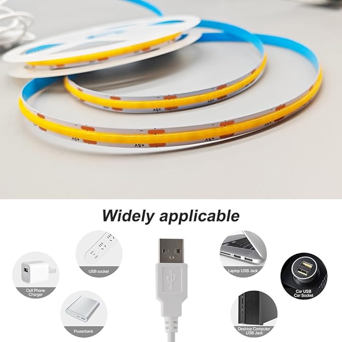ZSLAIFU 2 Pack White USB Light Strip 5V COB Flexible Strip Light LED Backlight for Bedroom Cabinet Vanity Mirror DIY Lighting (3.28FTx2)