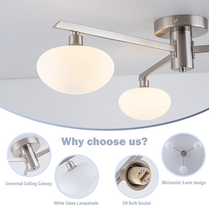 3-Light Mid Century Modern Ceiling Light 22.5" Brushed Nickel Semi Flush Mount Ceiling Light with Milk Glass Shade for Bedroom, Entryway, Hallway, Kitchen lsland, Dining Room & Living Room