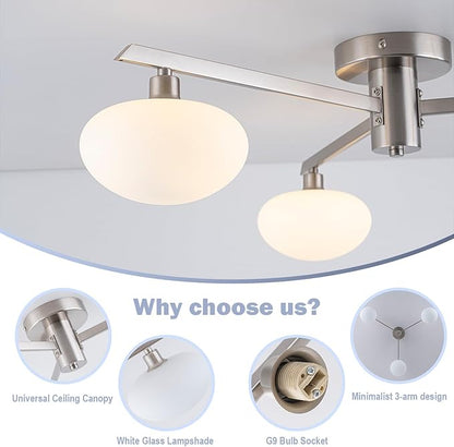 3-Light Mid Century Modern Ceiling Light 22.5" Brushed Nickel Semi Flush Mount Ceiling Light with Milk Glass Shade for Bedroom, Entryway, Hallway, Kitchen lsland, Dining Room & Living Room