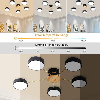 5-Lights LED Ceiling Light Fixture,32 Inch Modern Ceiling Lights Flush Mount Wooden 40W Dimmable Chandelier for Living Room Bedroom Kitchen,3000K/4000K/6000K Black