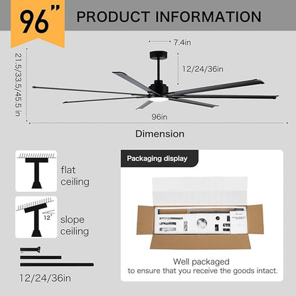Minislak 96" Industrial & Commercial HVLS 7 Black Aluminum Blades Ceiling Fan with Light and Compatible Alexa,High CFM Brushless Motor,6-Speed,Indoor Outdoor Ceiling Fan for Patio,Garage,Shop,Library