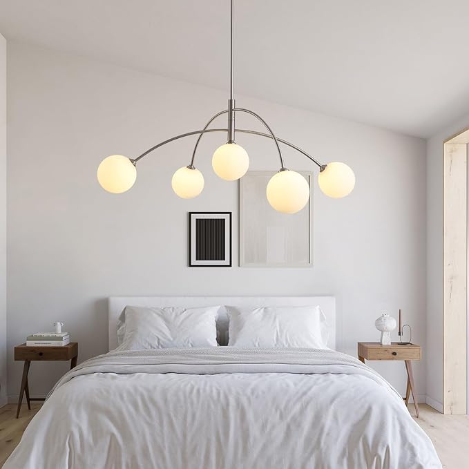 Mid Century Modern Chandelier, 5 Light Silver Sputnik Light Fixture with White Glass Globe Shade, Adjustable Modern Sputnik Chandelier for Dining Room Kitchen Bedroom
