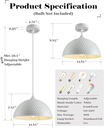 White Pendant Lights Kitchen Island 3 Pack, 12 Inch Hammered Dome Pendant Light, Farmhouse Kitchen Pendant Lights, Industrial Hammered Pendant Light for Kitchen, Dining Room, Barn