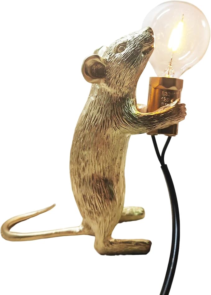 NorDiem Modern Cute LED Resin Animal Mouse Table Lamp Art Mouse Children's Bedside Gift Desk Lights Small Mini Mice lamp(Gold Standing)