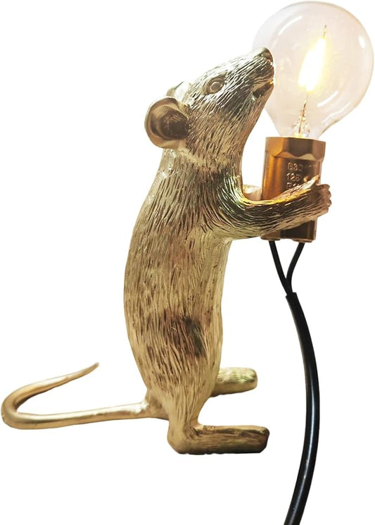 NorDiem Modern Cute LED Resin Animal Mouse Table Lamp Art Mouse Children's Bedside Gift Desk Lights Small Mini Mice lamp(Gold Standing)