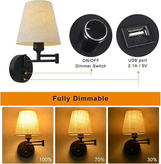 Bedside Wall Mount Light with Dimmable Switch and USB Port, Black Wall Sconce Light with Swing Arm and Plug in Cord, Fabric Shade Wall Lamp Perfect for Bedroom, Living Room and Hotel