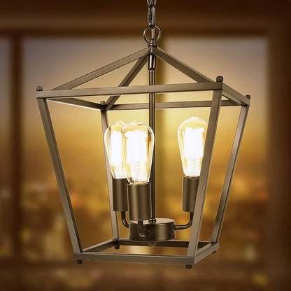 Unicozin Black Lantern Pendant Light, 3 Lights Farmhouse Chandelier Fixture with Metal Cage, Adjustable Height Industrial Hanging Lights E26 Base for Kitchen Island, Bedroom, Entryway, Foyer