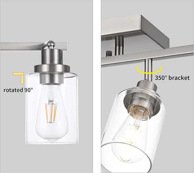 3 Light Track Lighting Kit Brushed Nickel Kitchen Track Lighting Fixtures Ceiling Mount Bathroom Vanity Wall Scones Light Fixture with Clear Glass, Rotatable Spotlight for Kitchen Shop Hallway