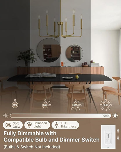 Yunnix Gold Chandelier 6-Light Modern Vintage Candle Pendant Light Fixture in Brass for Dining Room, Kitchen Island, Bedroom and Foyer Lighting (Bulb Not Included)