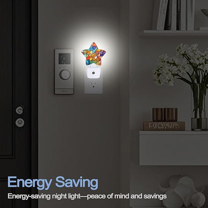 Colorful Stained Glass Dusk to Dawn Star Night Light,Abstract Smart Sensor Nightlight for Bedroom Kitchen Hallway Stairs,Plug-in Energy Efficient Decor Desk Lamp Women Men Gifts