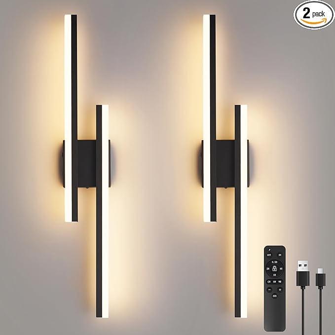 Modern Battery Operated Wall Sconce Set of 2,Dimmable Rechargeable Indoor Led Wall Sconce Lighting,Black Wireless Wall Lamps with Remote Control for Living Room Bedroom Bathroom Hallway