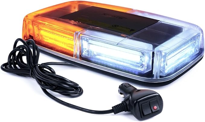 Xprite COB LED White Amber/Yellow Roof Top Warning Strobe Light 19 Flash Modes w/Magnetic Base Mini Beacon Lights Bar for 12V Hazard Emergency Construction Vehicles Snow Plow Trucks Bus