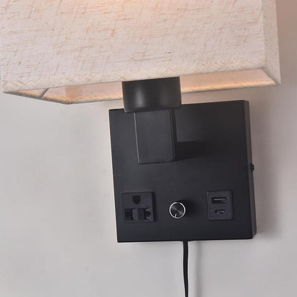 Bedside Wall Lamp for Bedroom, Plug in Wall Sconce - Dimmable Switch with AC Outlet & USB Charging Port, Fabric Shade, Black Wall Mounted Light for Living Room, Hotel (B8045-2Pack)