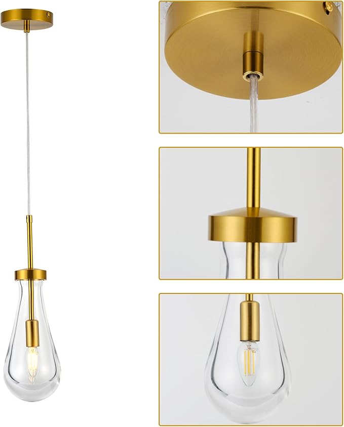 Raindrop Pendant Lights for Kitchen Island Dining Room, Handblown Teardrop Glass Kitchen Light Fixtures Luxury 1-Light Brushed Brass Pendant Lights Hanging Lamps for Bedroom Dining Table, Hallway
