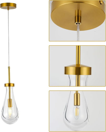Raindrop Pendant Lights for Kitchen Island Dining Room, Handblown Teardrop Glass Kitchen Light Fixtures Luxury 1-Light Brushed Brass Pendant Lights Hanging Lamps for Bedroom Dining Table, Hallway