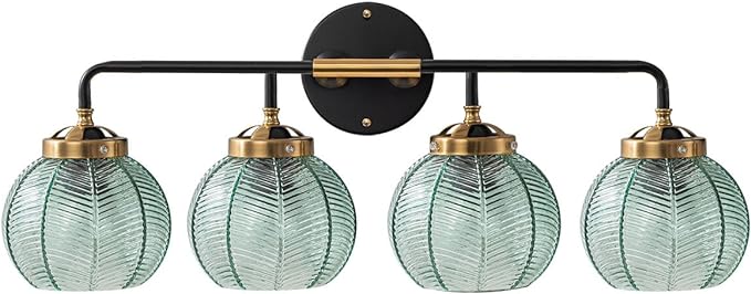 4-Lights Bathroom Light fixtures Glass Vanity Light Green Bathroom Sconce Mid Century Modern Wall Lamp,Black Gold Art Deco Vanity Light for Over Mirror Bedroom Hallway Dining Room