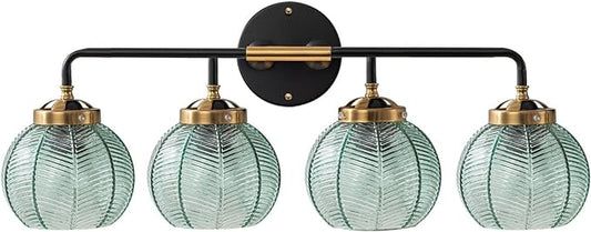 4-Lights Bathroom Light fixtures Glass Vanity Light Green Bathroom Sconce Mid Century Modern Wall Lamp,Black Gold Art Deco Vanity Light for Over Mirror Bedroom Hallway Dining Room