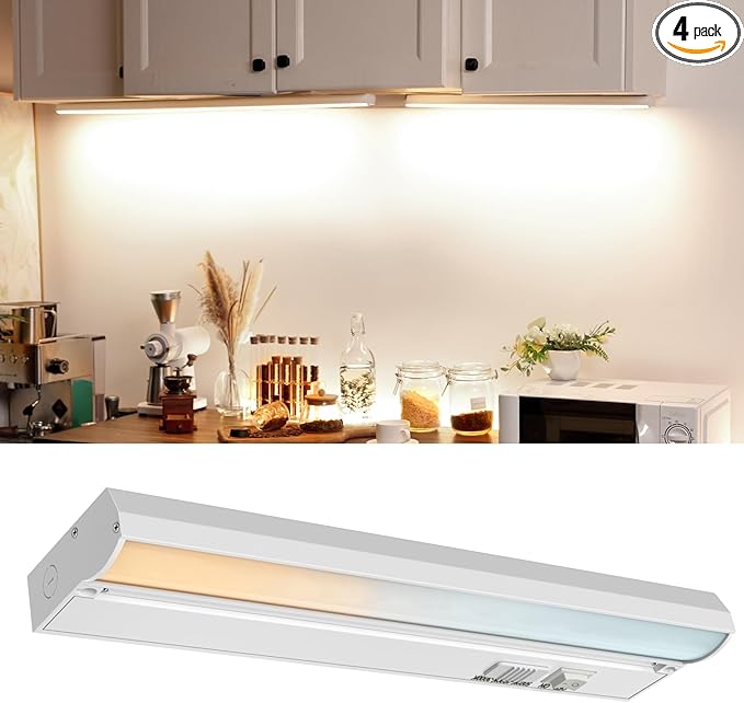 4 Pack 12" Hardwired Under Cabinet Lighting, Dimmable, 9W 600LM, 3CCT (3000K/4000K/5000K), Quick Install LED Under Counter Lights for Kitchen Cabinets,Countertops, YT-4201B-12-4