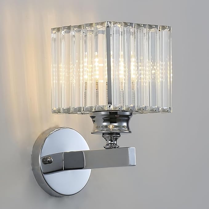 Hardwired Crystal Wall Sconces, Modern E27 Wall Lights, Silver Square Finish Wall Lamp for Living Room Bedroom Dining Room Hallway Entryway (Silver Square)