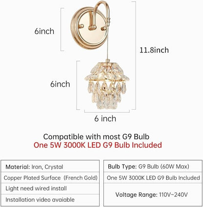 Pinecone Shape Crystal Vintage Gold Wall Sconce Chandelier, Modern Victorian Indoor Hardwired Wall Mount Lamp Light Fixture for Bedroom Living Room Bathroom Vanity Light Hallway Wall Decor LED G9