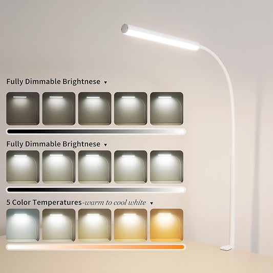 LED Desk Lamp for Office Home, Adjustable Flexible Eye-Caring Desk Light with,5 Modes 10 Brightness Adjustment, USB Adapter Desk Lamp with Clamp-LK-W