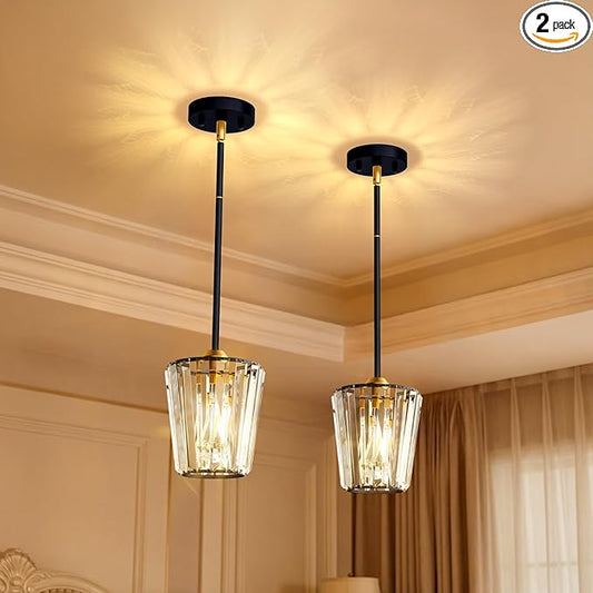 2 Pack Crystal Pendant Lights Kitchen Island - Modern Black and Gold Pendant Light Mini Adjustable Hanging Pendant Lights for Kitchen Island Dining Room Foyer Hallway