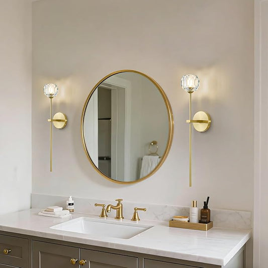 Gold Crystal Wall Sconces Set of Two with G9 Bulbs, Mid Century Modern Diamond Light Brass Vintage Long Lighting Fixture Hardwired for Elegant Vanity Living Room Bedroom Bathroom Hallway