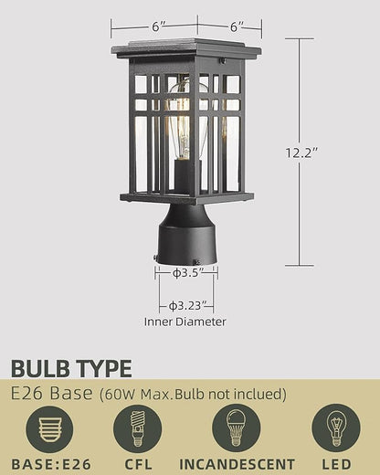 HWH INVESTMENT Industrial Outdoor Post Lantern, Exterior Pillar Light, Waterproof Pole Lantern with Clear Glass Shade, Matte Black Finish, 5HD36P BK