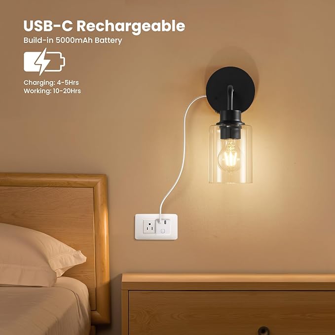Epinl Battery Operated Black Wall Sconce Set of 2, Wireless Rechargeable Wall Lights with Remote Control, Dimmable Wall Lamp for Bedroom Living Room Hallway