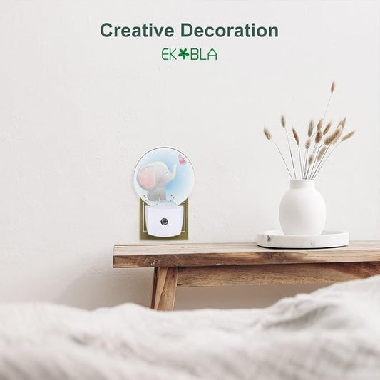 EKOBLA Plug-in Cute Elephant Night Light, Watercolor Elephant & Butterfly Design, Dusk to Dawn Sensor, Safari Animal Nightlight Decor for Boys Girls Bedroom Bathroom