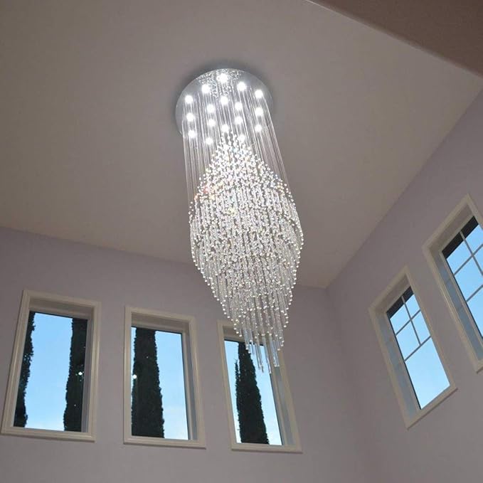 7PM Luxury Crystal Chandelier, 18-Lights Foyer Chandelier for High Ceilings Modern Round Raindrop Ceiling Light Fixture Flush Mount for Staircase Foyer Hotel W32 X H83