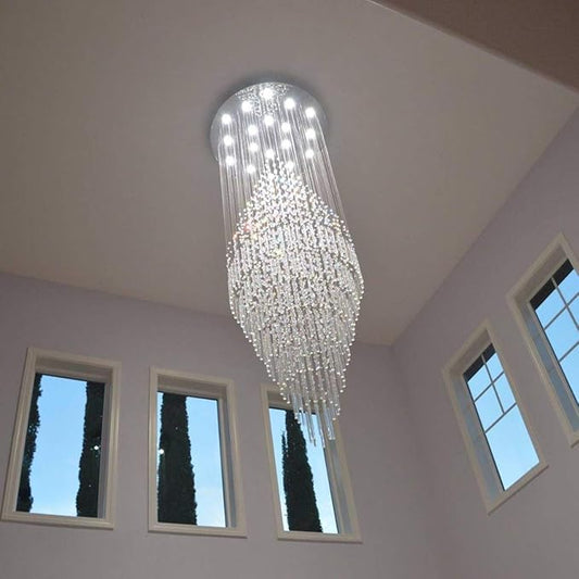 7PM Luxury Crystal Chandelier, 18-Lights Foyer Chandelier for High Ceilings Modern Round Raindrop Ceiling Light Fixture Flush Mount for Staircase Foyer Hotel W32 X H83