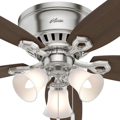 Hunter 52 inch Indoor Ceiling Fan with LED Lights - Ceiling Fan with Pull Chain, For Bedroom, Living Room, or Kitchen, Low Profile Flush Mount, No Remote, 5 Blades - Builder 53328, Brushed Nickel