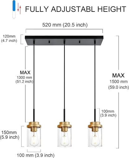 MELUCEE 20.5 Inches Dining Room Light Fixture Hanging 3-Lights Kitchen Pendant Light Fixture Over Island Black Ceiling Hanging Lamp with Clear Glass Shade, Gold Socket