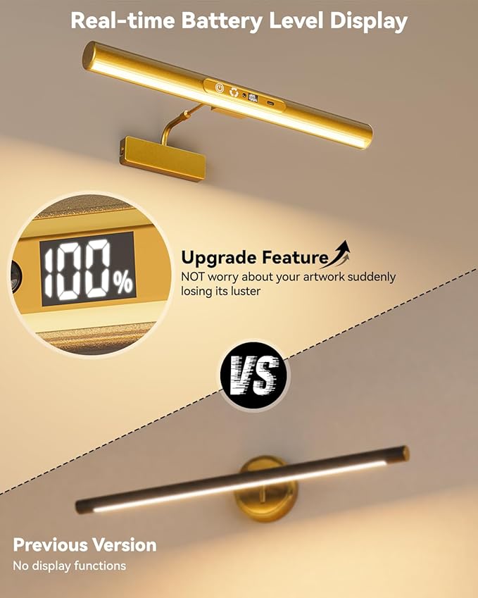 Skairipa Picture Light for Wall, 6000mAh Rechargeable Wireless Wall Lights, 13'' Dimmable Remote Magnetic LED Art Painting Light with 3 Color Temps, Display for Gallery, Living Room (Gold, 2Pack)