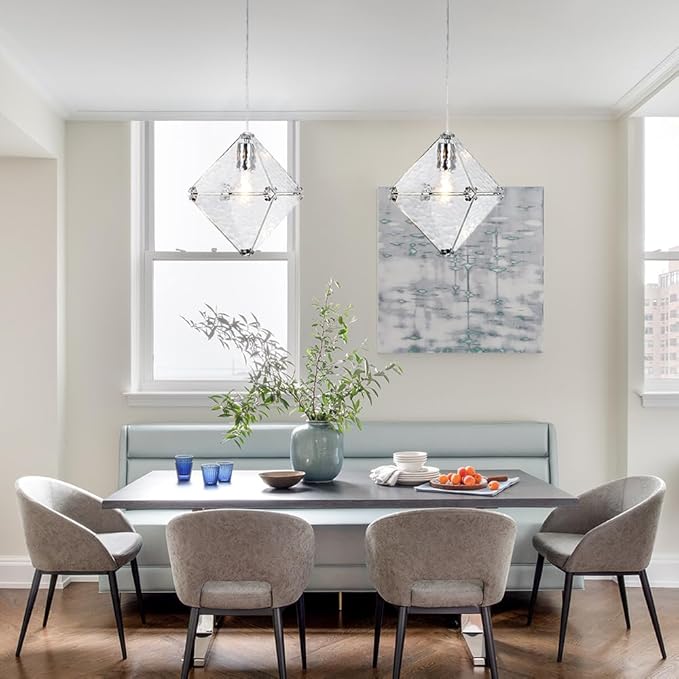 Modern Geometric Pendant Light Water Ripple Textured Glass Chrome Finish Square Diamond Shape, Adjustable Height Hanging Pendant Lighting for Kitchen Island, Dining Room, Entryway