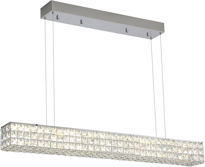 ykolupty Modern Crystal Chandelier Silver Rectangular Crystal Chandelier Contemporary Linear Pendant Ceiling Light Fixture for Living Dining Room Kitchen Island (L 40")