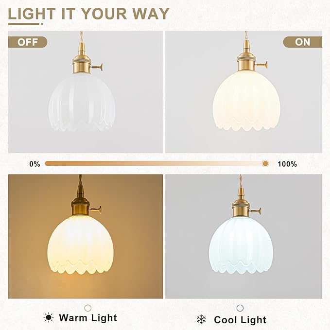 Mini Pendant Lights Kitchen Island, Small Adjustable Pendant Light Fixture with Milk White Tulip Glass Lampshade, Vintage Gold Pendant Lighting, Pendant Light for Bedroom Dining Room Hallway