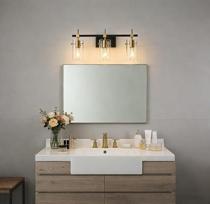 SOLFART Vintage Vanity Lights Bathroom Light Fixture Over Mirror for Bath Glass Shade Light Black and Brass Modern Style 3 Lights