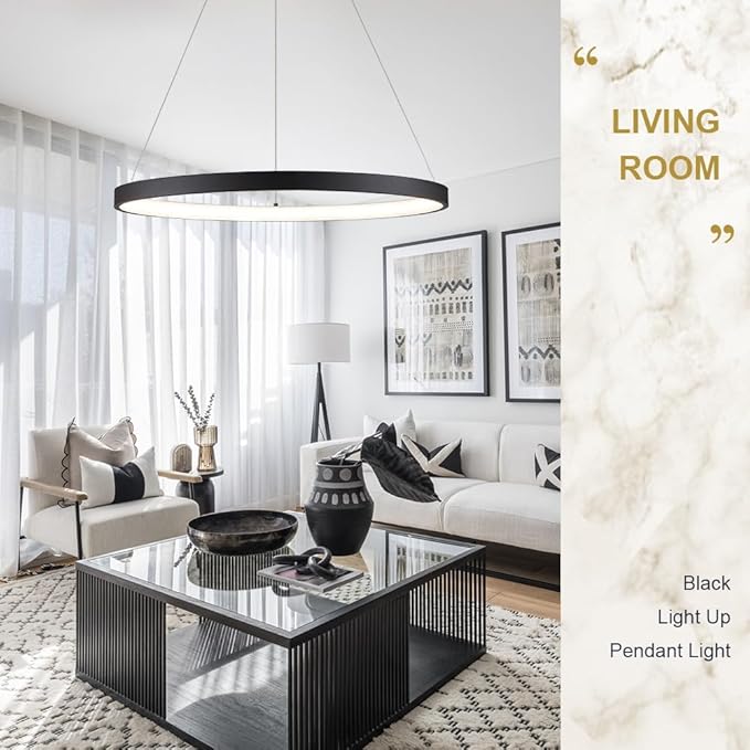 Modern LED Pendant Light Black Ring Chandelier 24" Dimmable Flush Mount Pendant Chandelier for Dinning Room Office Kitchen Living Room,3000-6500K